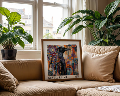 Gustav Klimt Style Raven Print – Colourful Crow Art Nouveau Square Art