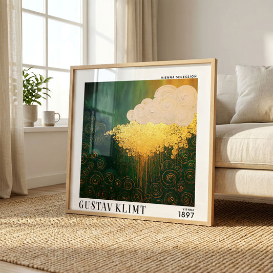 Gustav Klimt Style Golden Rain Cloud Print – Green Gold Abstract Square Art