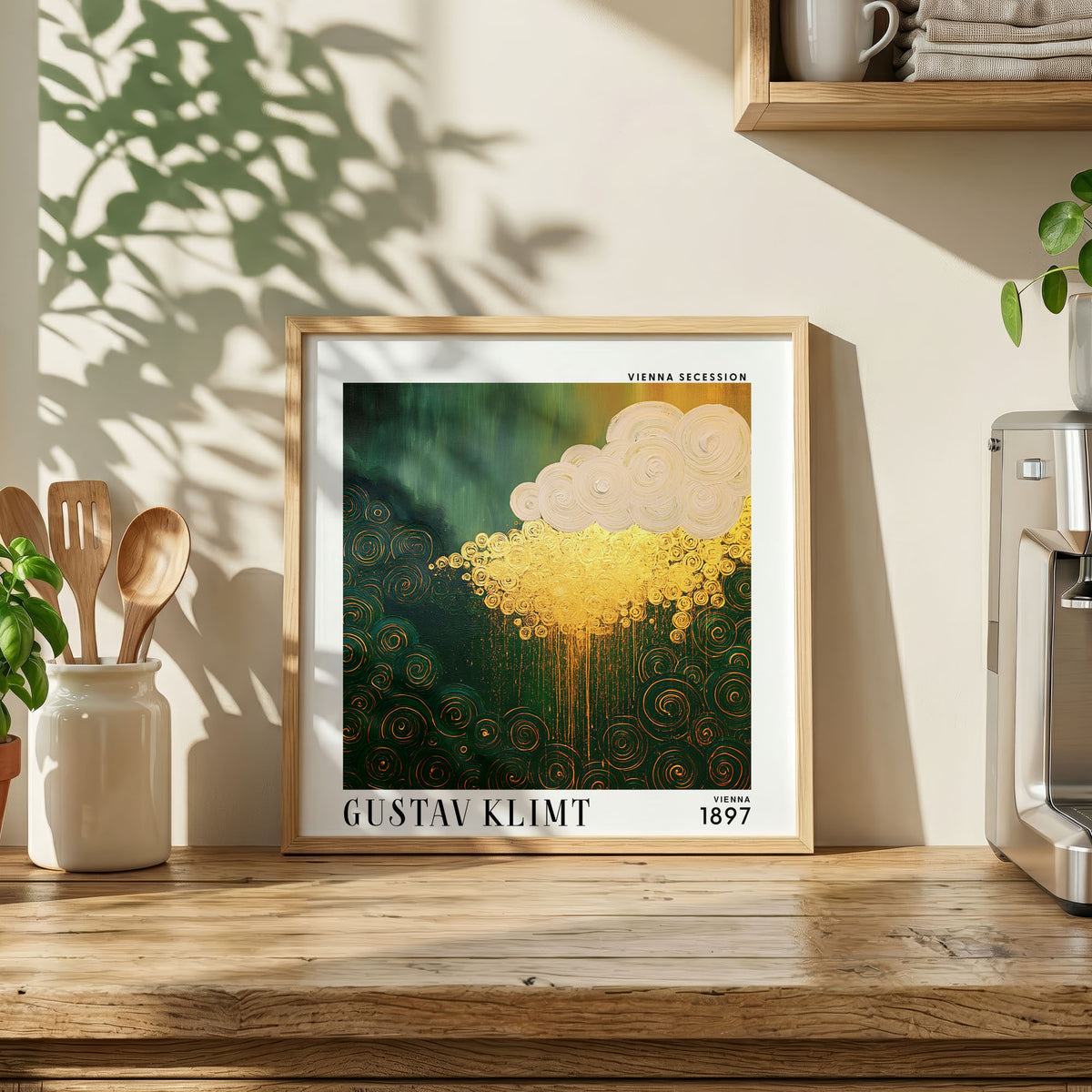 Gustav Klimt Style Golden Rain Cloud Print – Green Gold Abstract Square Art