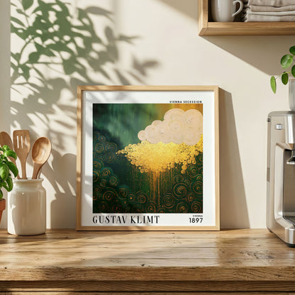 Gustav Klimt Style Golden Rain Cloud Print – Green Gold Abstract Square Art