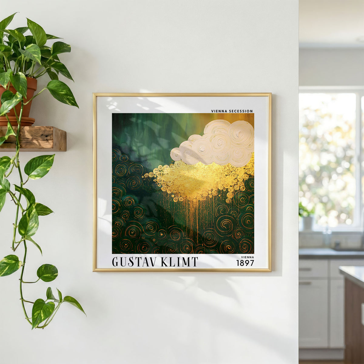 Gustav Klimt Style Golden Rain Cloud Print – Green Gold Abstract Square Art