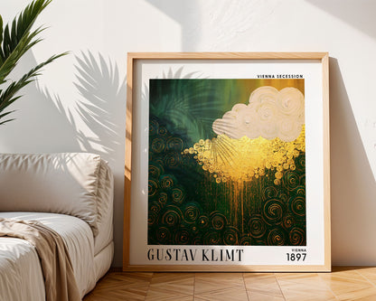 Gustav Klimt Style Golden Rain Cloud Print – Green Gold Abstract Square Art