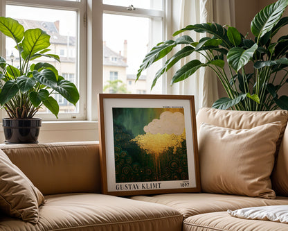 Gustav Klimt Style Golden Rain Cloud Print – Green Gold Abstract Square Art