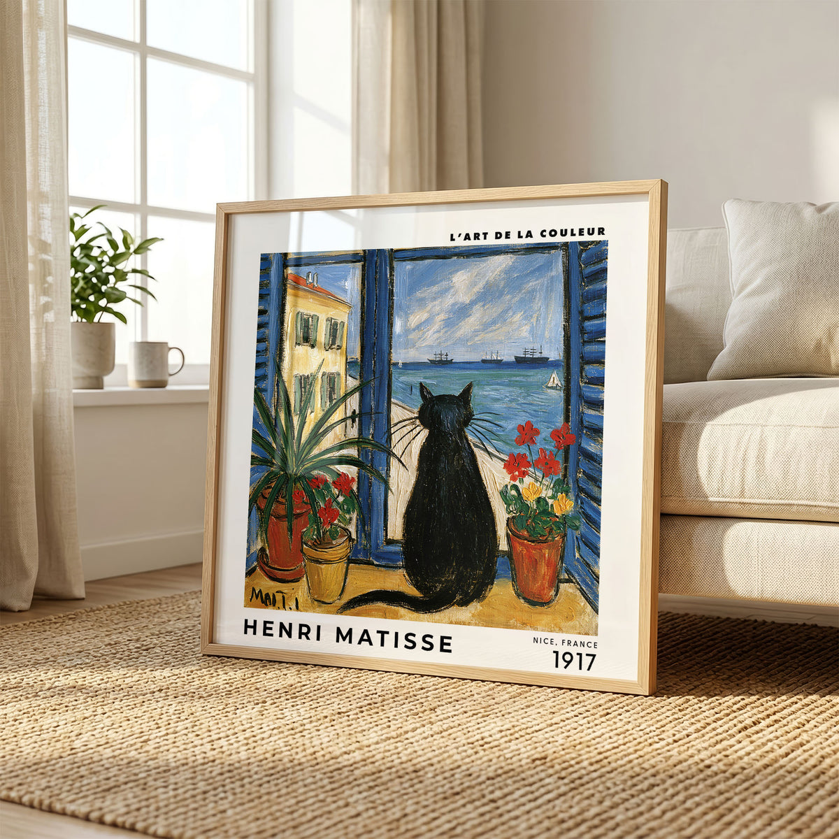 Henri Matisse Inspired Black Cat Window Print | Coastal Wall Art