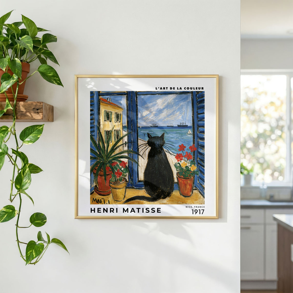 Henri Matisse Inspired Black Cat Window Print | Coastal Wall Art
