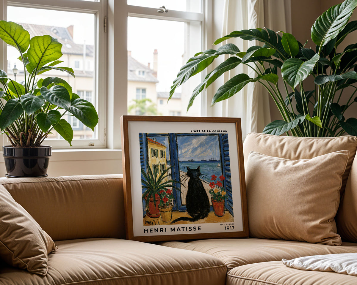 Henri Matisse Inspired Black Cat Window Print | Coastal Wall Art