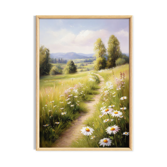 Sunny country path through a daisy meadow with distant hills cottagecore landscape print