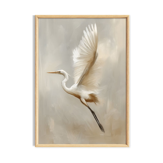 White egret flying with outstretched wings against a soft neutral cottagecore background