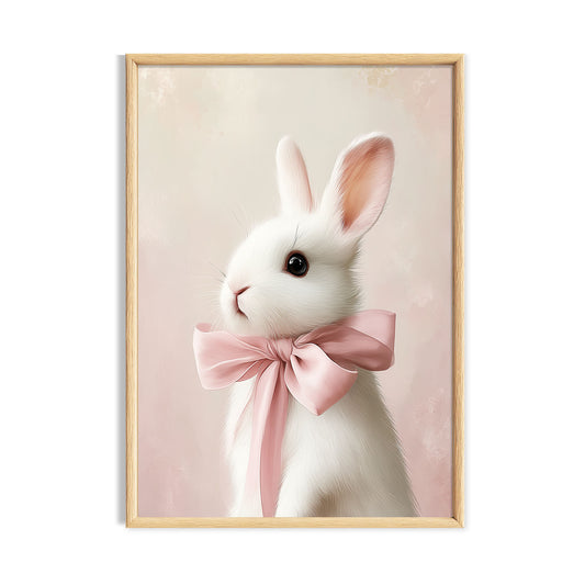 White rabbit wearing a soft pink bow on a blush cottagecore background