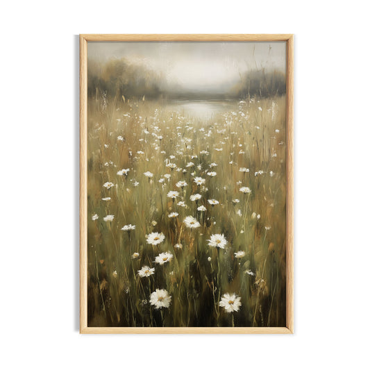 Soft neutral wild daisy meadow beside calm water in a misty cottagecore landscape