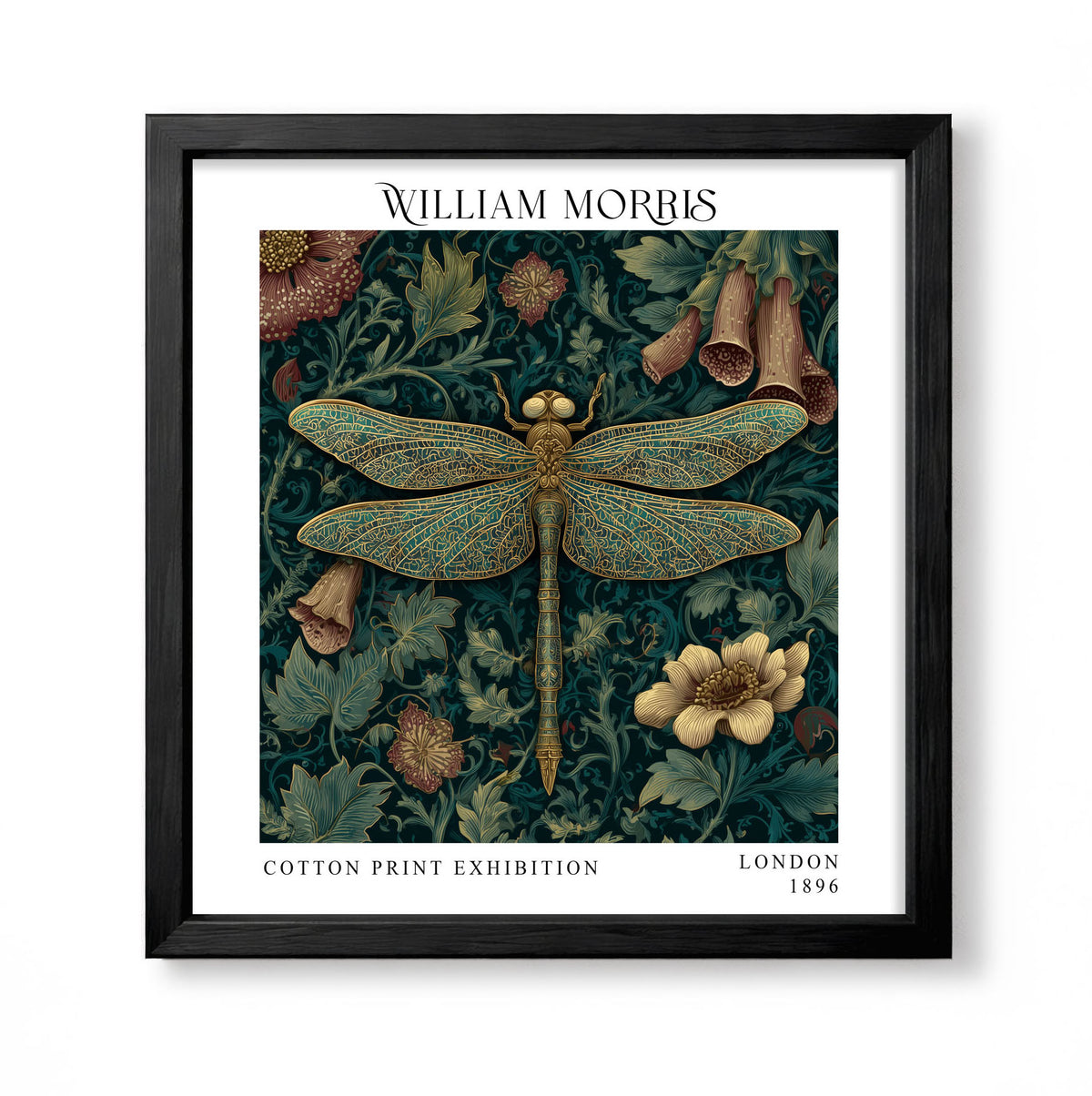 Square William Morris style dark botanical print with a large dragonfly, cream flowers and teal foliage