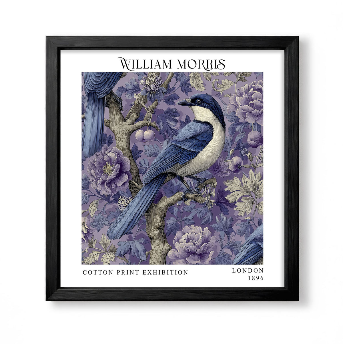 Square William Morris style botanical print with a blue bird among purple flowers and foliage