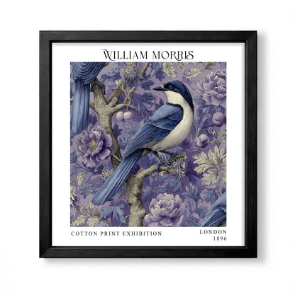 Square William Morris style botanical print with a blue bird among purple flowers and foliage