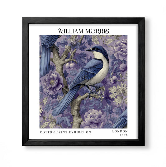 Square William Morris style botanical print with a blue bird among purple flowers and foliage