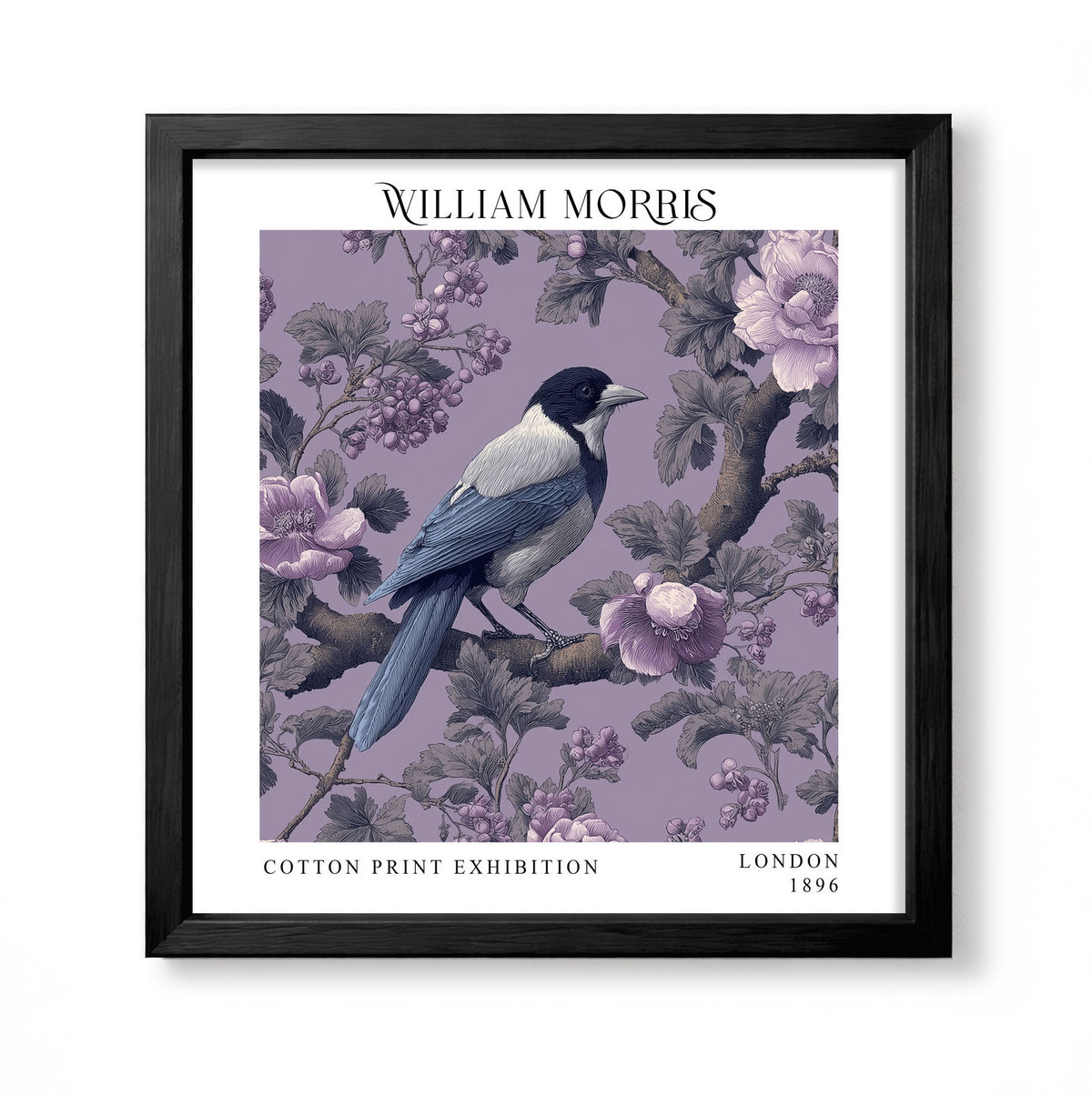 Square William Morris style print with a magpie perched among lilac flowers and leafy branches