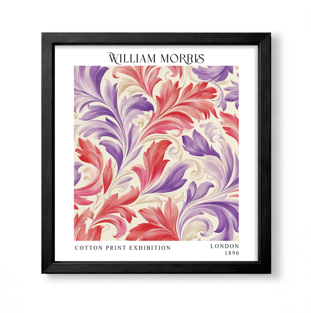 Square William Morris style acanthus print with pink, purple and cream scrolling foliage