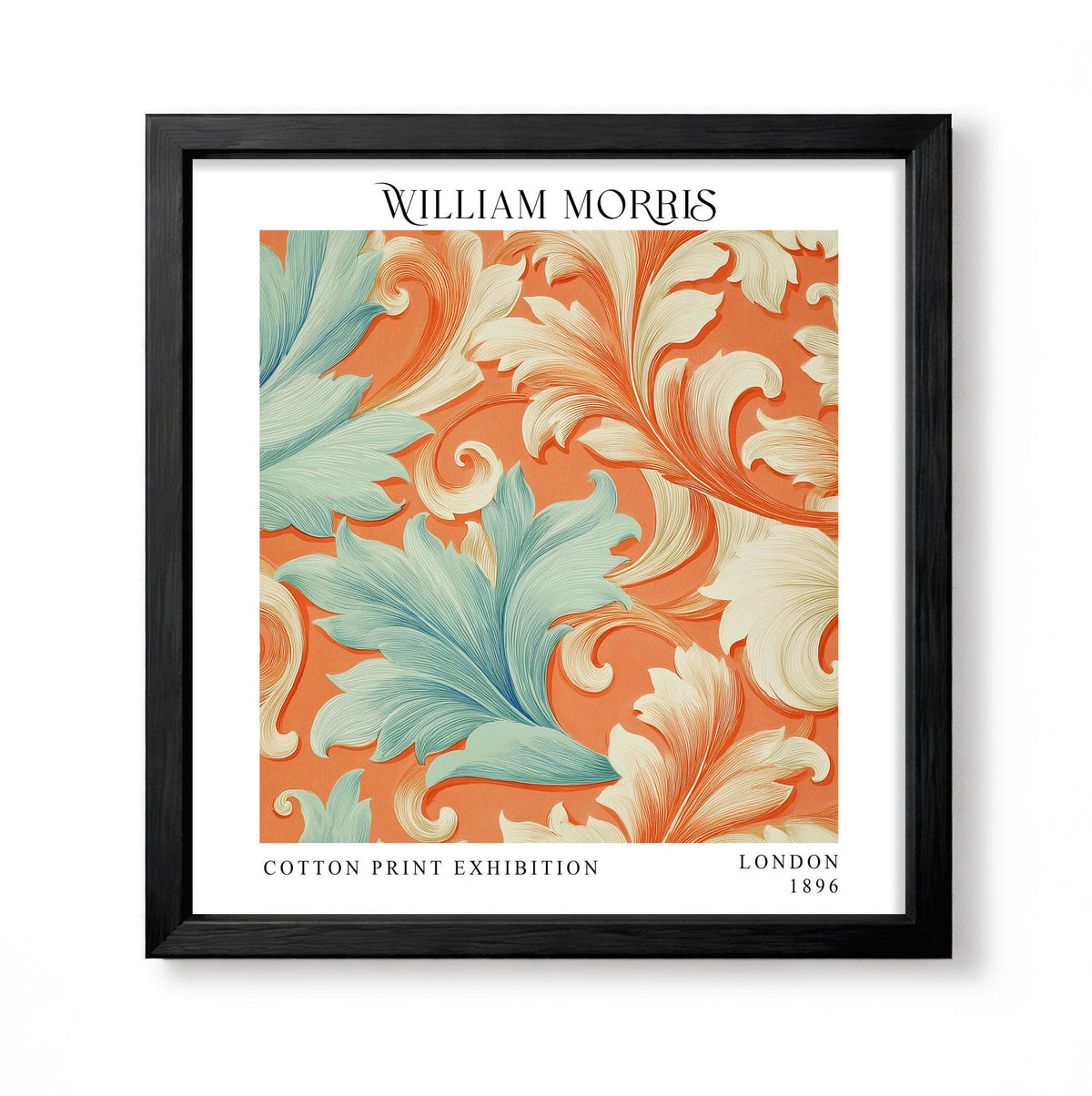 Square William Morris style acanthus print with orange and aqua scrolling leaves on a light ground