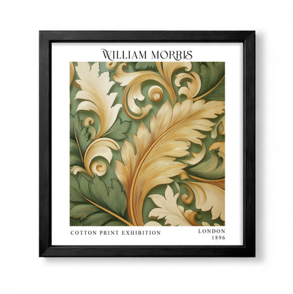 Square William Morris style acanthus leaf print with olive green, cream and gold decorative foliage