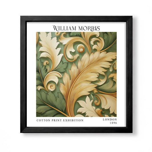 Square William Morris style acanthus leaf print with olive green, cream and gold decorative foliage