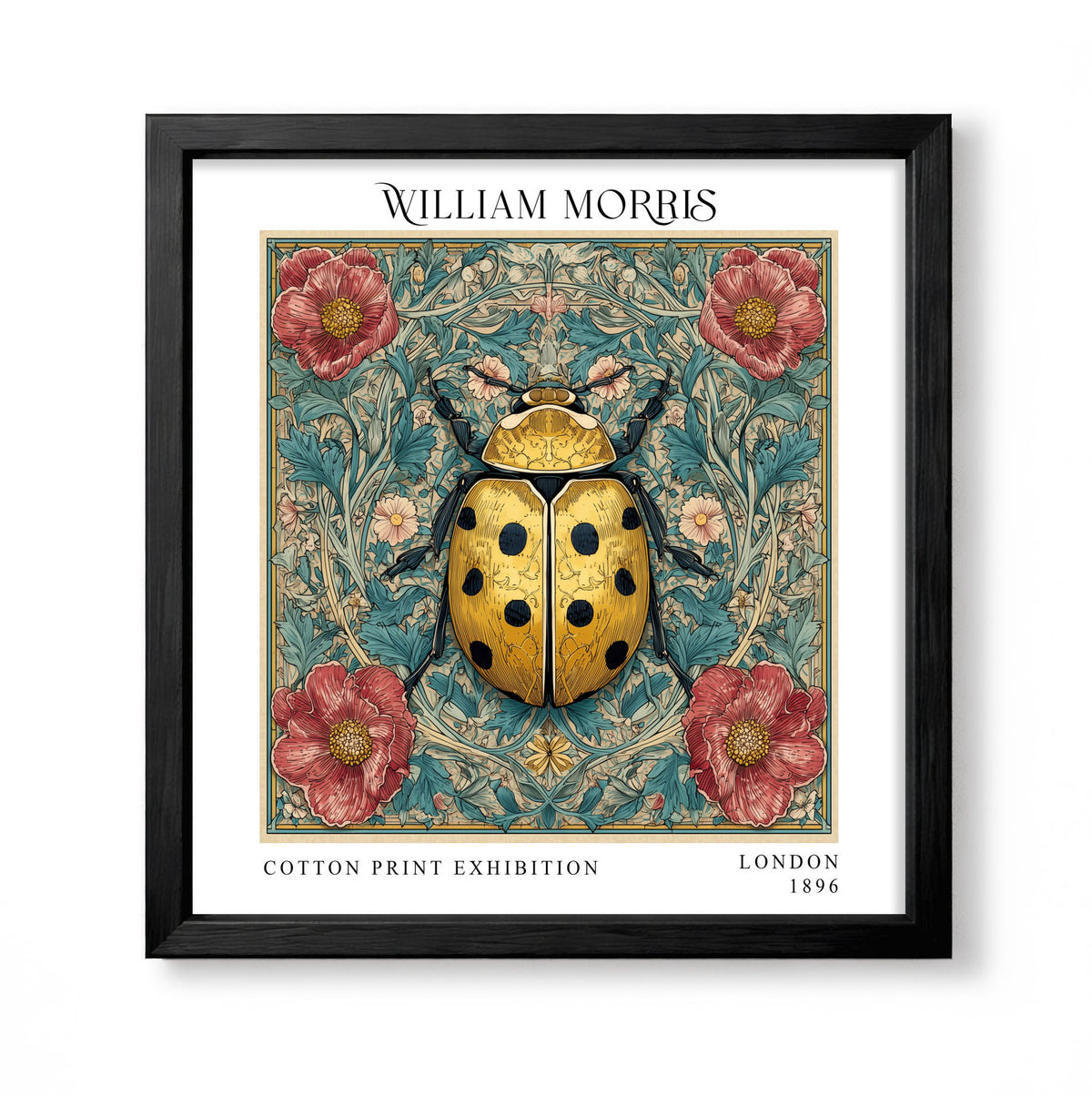 Square William Morris style botanical print with a golden ladybird, red roses and teal foliage