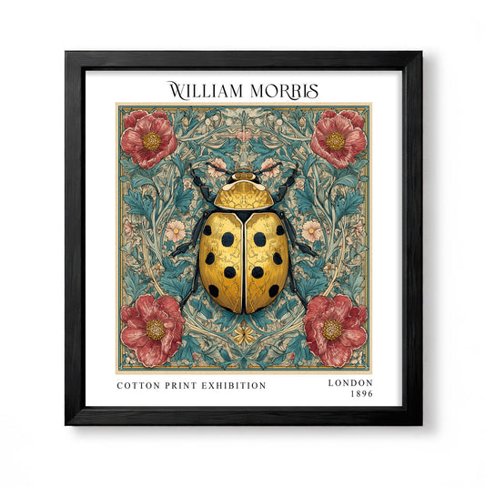 Square William Morris style botanical print with a golden ladybird, red roses and teal foliage
