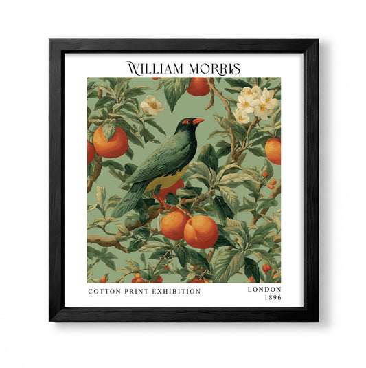 Square William Morris style botanical print with a green bird among orange fruit, white blossom and leaves