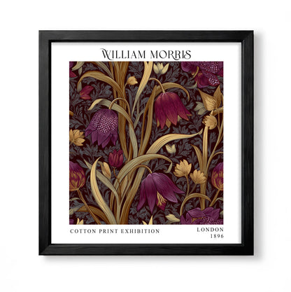 Square William Morris style floral print with purple fritillary flowers, golden leaves and a deep burgundy background