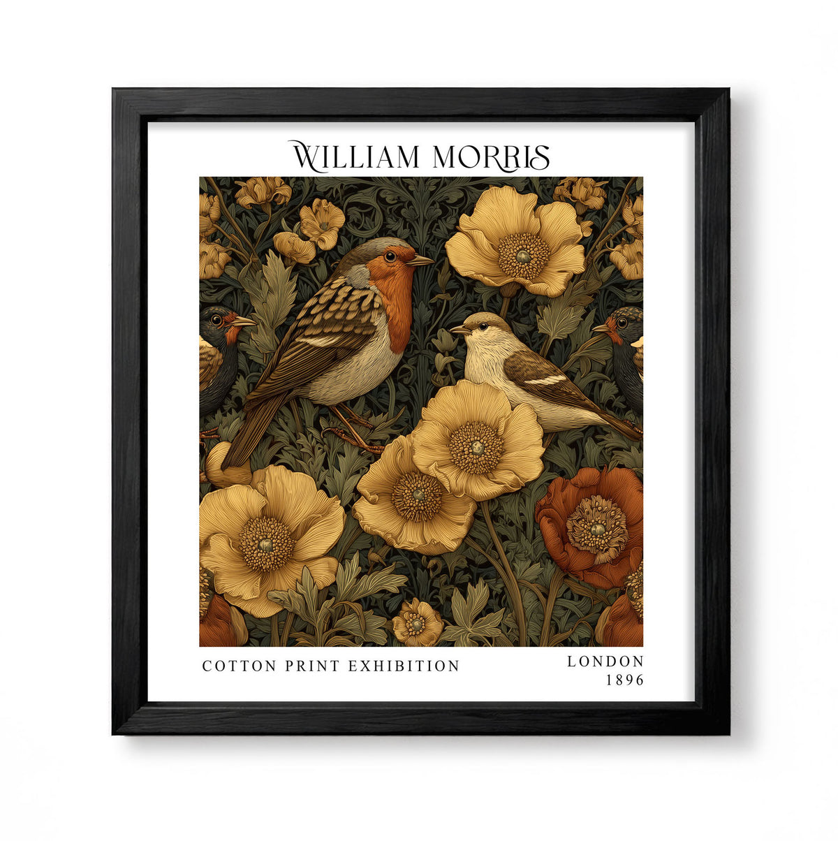 Square William Morris style print with a robin and small songbirds among golden flowers and dark foliage