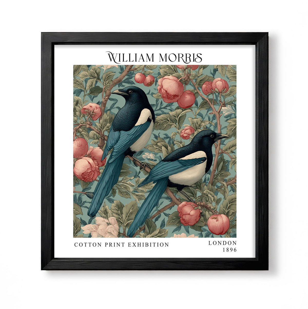 Square William Morris style botanical print with two magpies among pink blossom, fruit and leafy branches