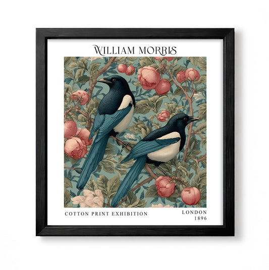 Square William Morris style botanical print with two magpies among pink blossom, fruit and leafy branches