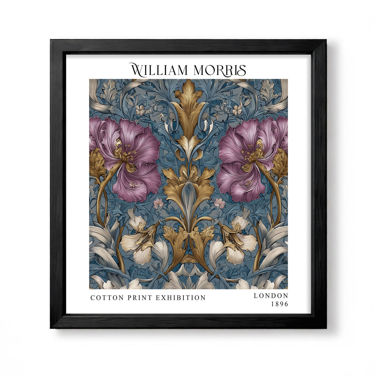 Square William Morris style floral print with large purple flowers, blue foliage and gold ornamental leaves
