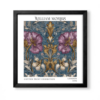 Square William Morris style floral print with large purple flowers, blue foliage and gold ornamental leaves