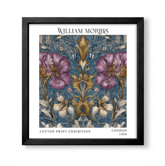 Square William Morris style floral print with large purple flowers, blue foliage and gold ornamental leaves