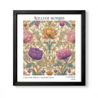 Square William Morris style botanical print with pastel pink, lilac and golden flowers on a light ground