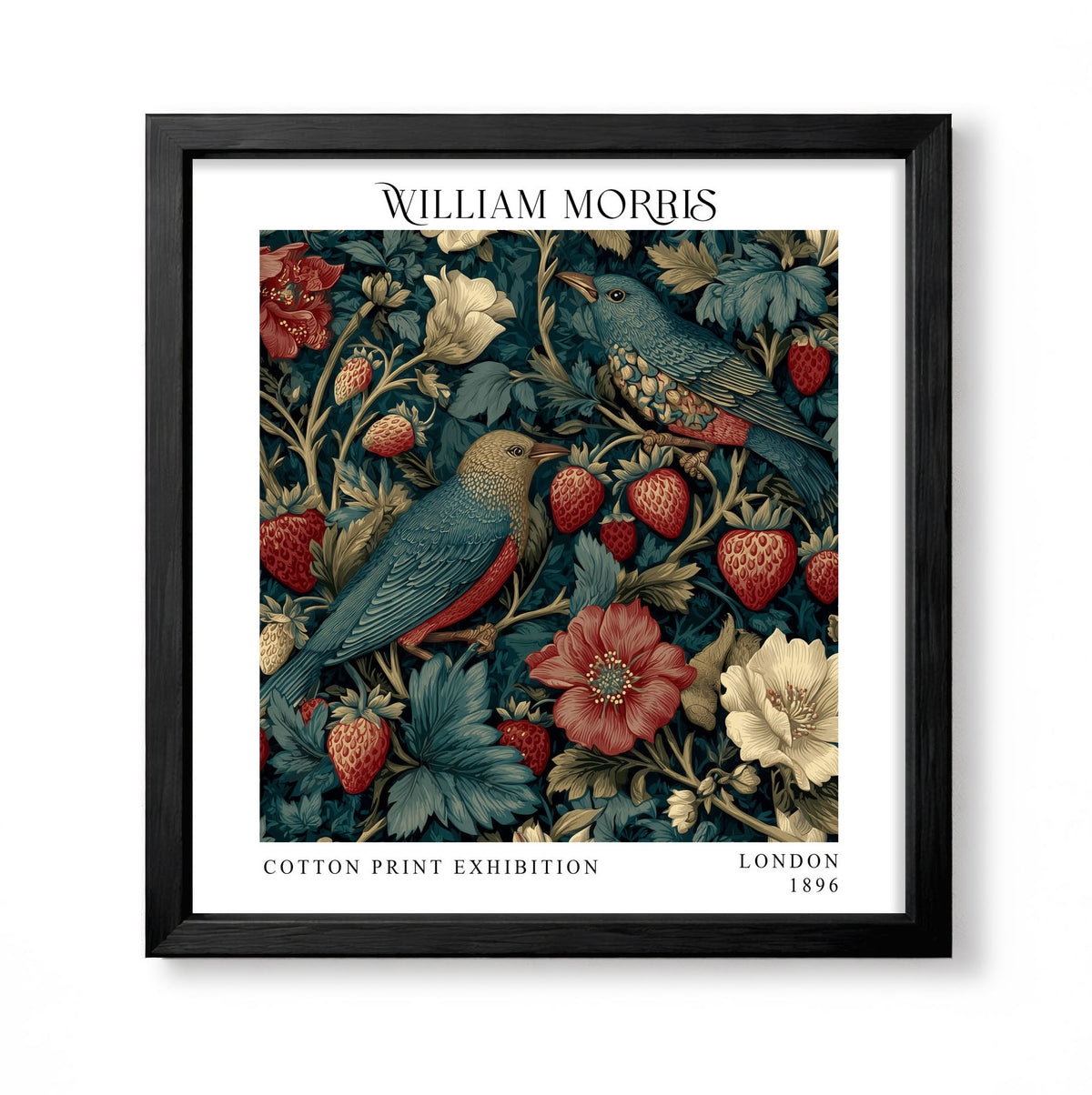 Square William Morris style dark botanical print with two blue birds, strawberries and red and cream flowers