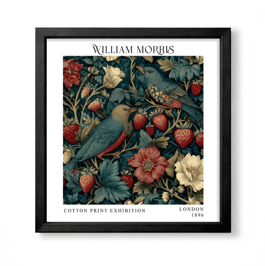 Square William Morris style dark botanical print with two blue birds, strawberries and red and cream flowers