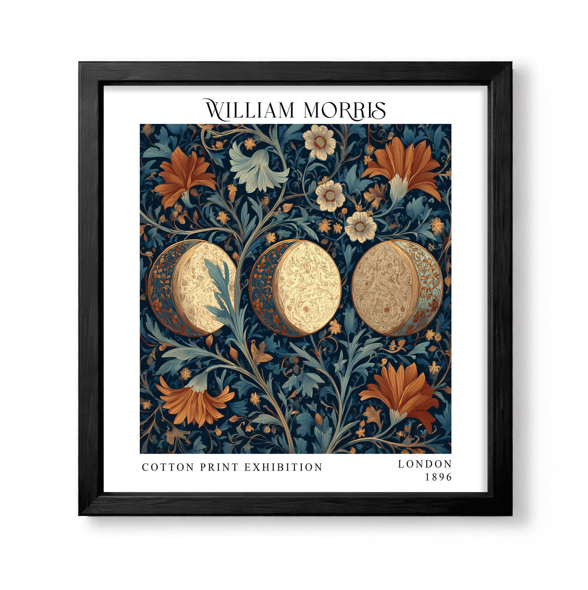 Square William Morris style decorative print with three ornate egg-shaped medallions among navy, rust and cream flowers