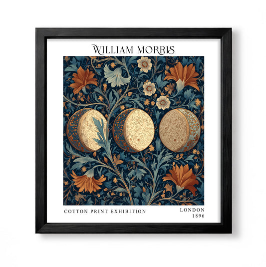 Square William Morris style decorative print with three ornate egg-shaped medallions among navy, rust and cream flowers