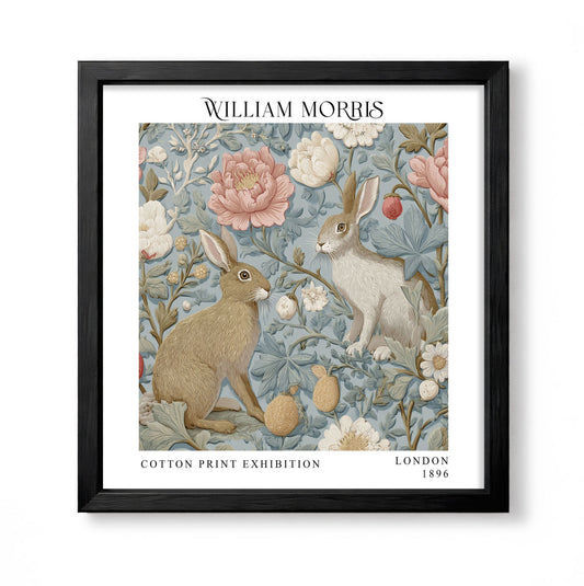 Square William Morris style botanical print with two rabbits among pink and white flowers on a pale blue background