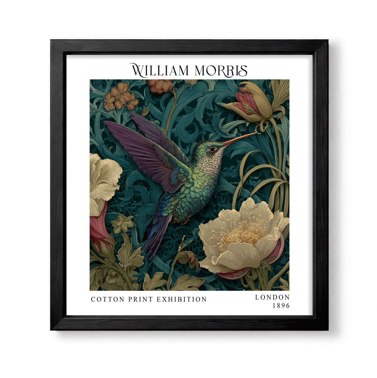 Square William Morris style botanical print with a green and purple hummingbird among cream flowers on dark teal