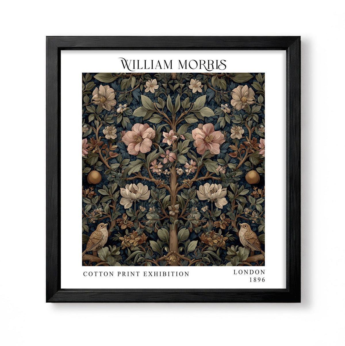 Square William Morris style symmetrical botanical print with two small birds, pink and cream blossom and dark foliage