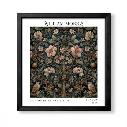 Square William Morris style symmetrical botanical print with two small birds, pink and cream blossom and dark foliage