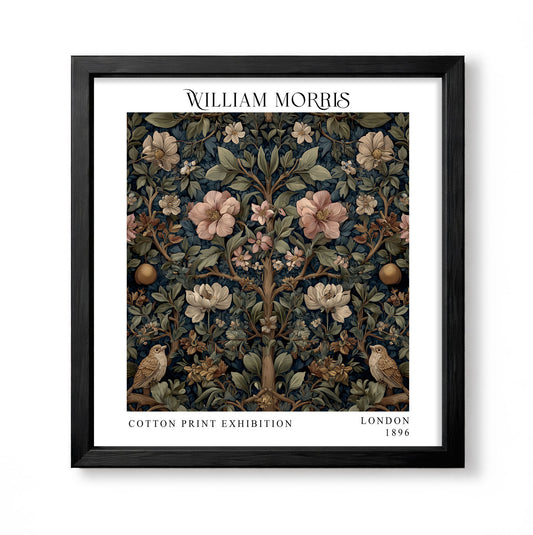 Square William Morris style symmetrical botanical print with two small birds, pink and cream blossom and dark foliage