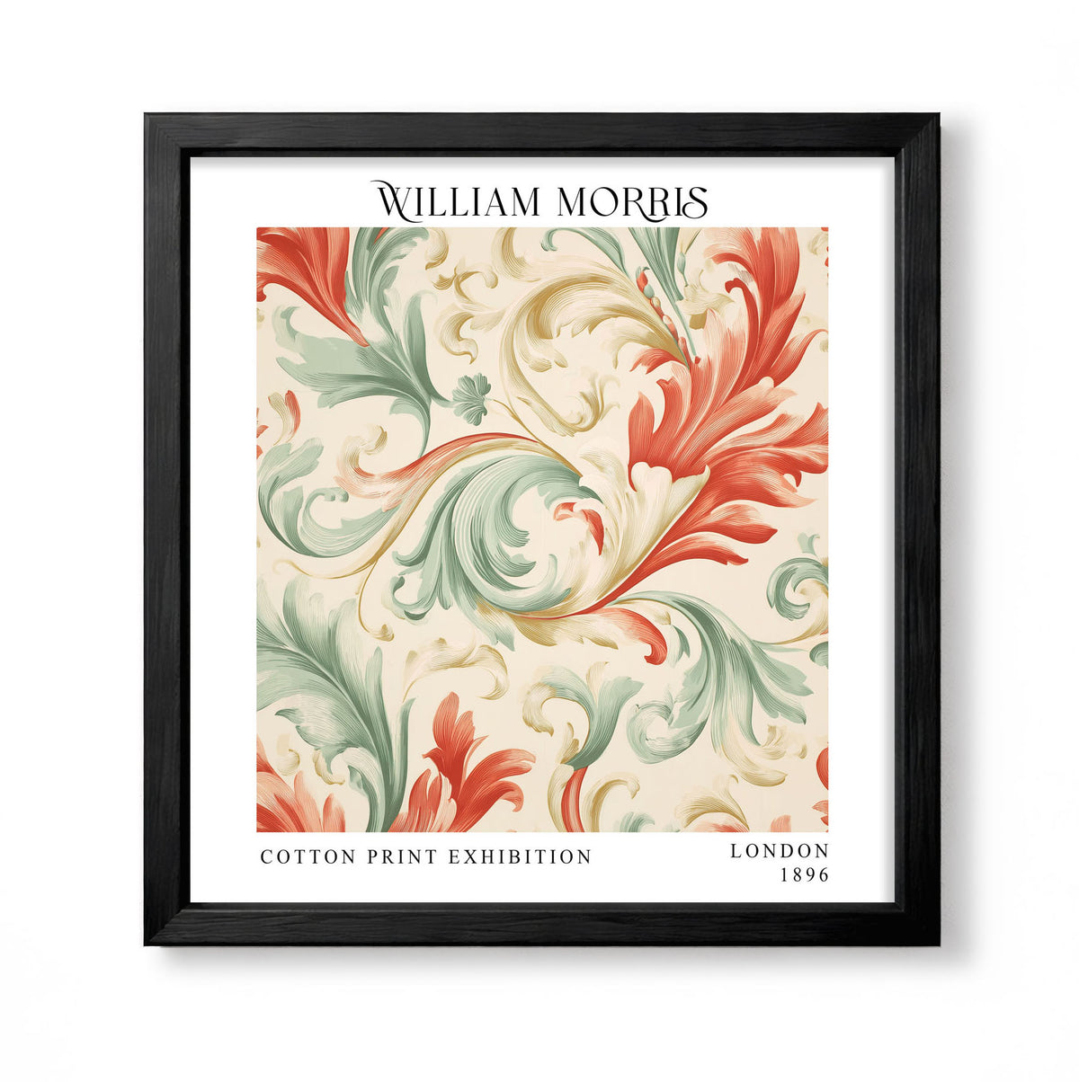 Square William Morris style acanthus print with coral red, sage green and cream scrolling foliage