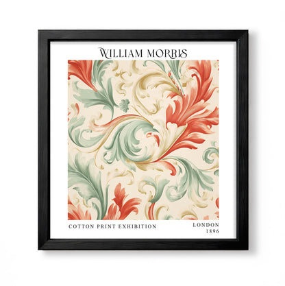 Square William Morris style acanthus print with coral red, sage green and cream scrolling foliage