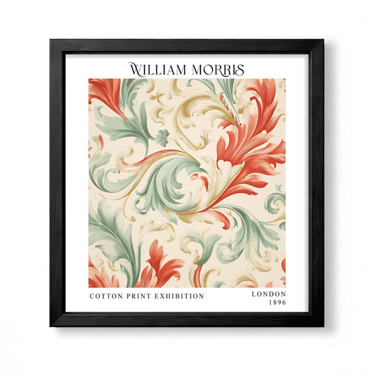 Square William Morris style acanthus print with coral red, sage green and cream scrolling foliage