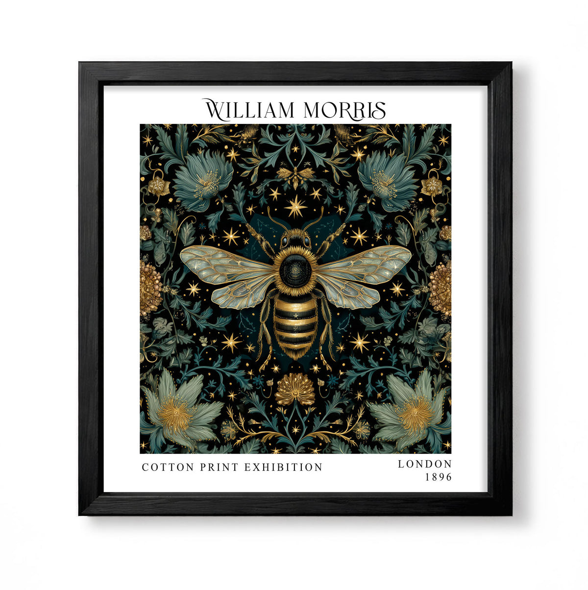 Square William Morris style dark botanical print with a large golden bee, flowers and teal foliage