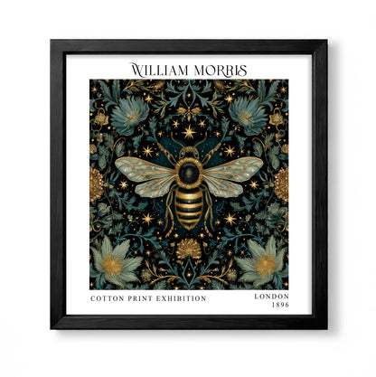 Square William Morris style dark botanical print with a large golden bee, flowers and teal foliage