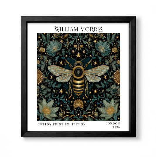 Square William Morris style dark botanical print with a large golden bee, flowers and teal foliage