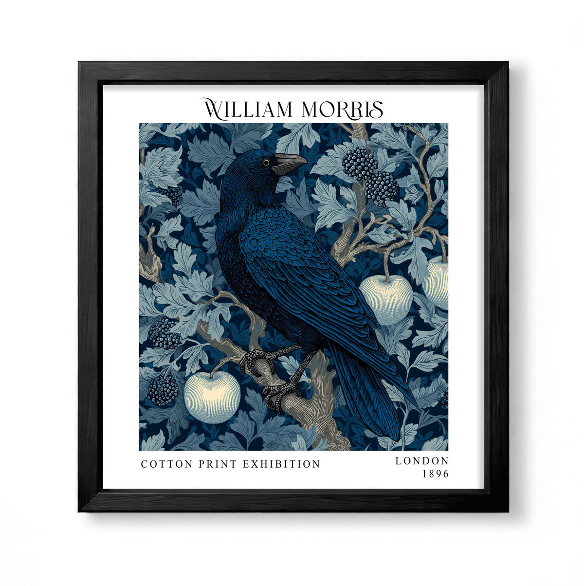 Square William Morris style blue botanical print with a dark raven, pale apples and berries